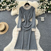 Brand Autumn Winter Women Knitted Long Dress Pearls O-neck A-line Sweater Dress Office Lady Vestido