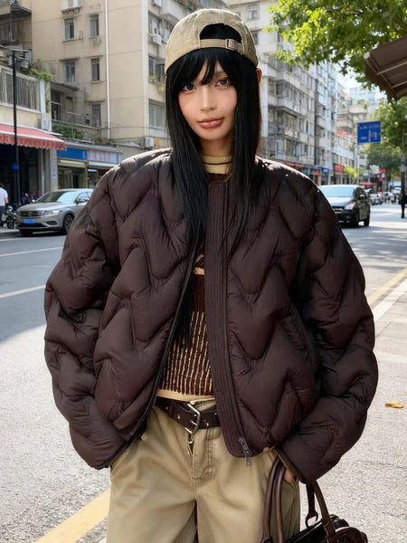 Autumn Winter Lightweight Wave Quilted Puffer Jacket Women Loose Round Neck Short White Duck Down Coat Outwear