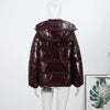Solid Glossy Zipper Hooded Coats Women's Warm Elastic Waist Pleated Short Cotton Jacket Winter Lady High Street Outwear