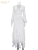 Sexy Slim Print Women's Dress V-Neck Long Sleeve Ankle Length Dresses Elegant Classic Ruffles Female Dress