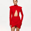 Eelgant Dresses For Women Solid Zipper Sheath Pleated Hollow Out Regular Long Sleeves Turtleneck Shoulder Pad