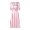 Women Silky Satin Party Midi Dress Elegant V-Neck Short Puff Sleeve Belted A-Line Dress Graceful Cocktail Vestidos Mujer