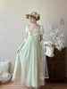 Handmade Women Green Beaded Lace Formal Dress Regency Empire Waist Lolita Gown French Elegant Party Outfit Chic Retro