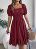 Solid Puff Sleeve Square Neck Ruched Bust Ruffle Hem Wasit Dress, Women's Clothing