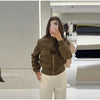 Vintage Cropped Women's Bomber Jacket Coat Faux Suede Stand Collar Short Outerwear High Street Female Casual Work Outfit