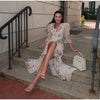 Elegant Ruffle Women's Long Dresses V Neck Half Sleeve Button Waist Cinching Pleated Dress Spring Lady Party Robes