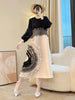 Anmrem Tie Flower Design Women's Pleated Dress O-neck Long Sleeve Colorblock Patchwork Chic Beading Loose Famale Clothes 2DB5753