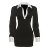 Autumn Color Patchwork Mini Dress Women Turn Down Collar Long Sleeve Slim Bodycon Streetwear Office Lady Outfits
