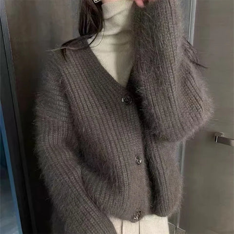 Women's Cropped Cardigan Sweater Spring Autumn Street Vintage Mohair Knitted Sweater V-Neck Puffer Sweater Jacket Woman