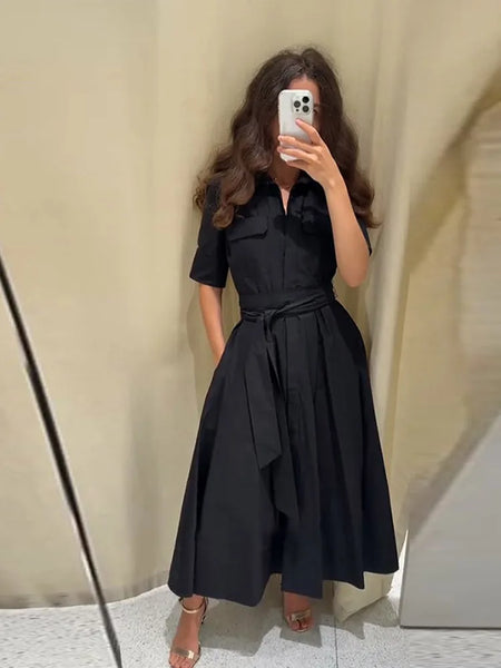 Elegant Belt Women Long Black Dress Full Sleeve Pleated Lapel Waist-Closed Female A Line Dresses Spring Lady Robes