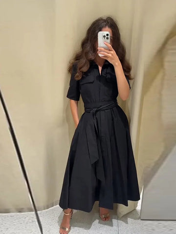 Elegant Belt Women Long Black Dress Full Sleeve Pleated Lapel Waist-Closed Female A Line Dresses Spring Lady Robes