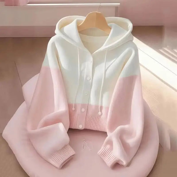 Spring Autumn Patchwork Knitted Cardigan Sweater Jacket Women Korean Ladies Single Breasted Hooded Sweater Coats Female Tops