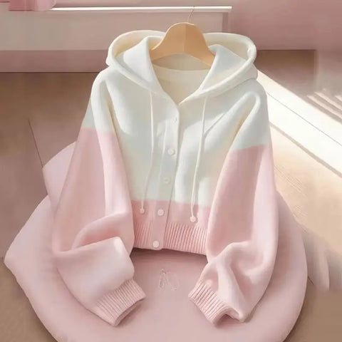 Spring Autumn Patchwork Knitted Cardigan Sweater Jacket Women Korean Ladies Single Breasted Hooded Sweater Coats Female Tops