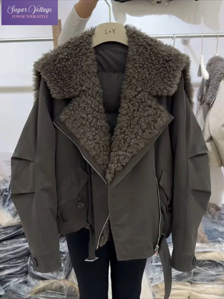 Winter Faux Fur Collar Padded Jacket Women Army Green Oversized Warm Thick Coat Drawstring Waist Streetwear Chic Tops