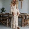 Deep V Neck Embroidery Lace Woman Dress Spring Hollow Out High Waist Crochet Dresses Autumn Flare Sleeve Jacquard Long Dress