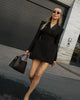 Solid Cinched-waist Mini Dress Women Casual V-neck Full Sleeve Shoulder Pads A-line Vestidos Lady Chic Party Street Gowns