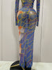 Sparkly Rhinestone Stretchy Mesh See Through Long Dress Women Birthday Party Performance Nightclub Stage Costume