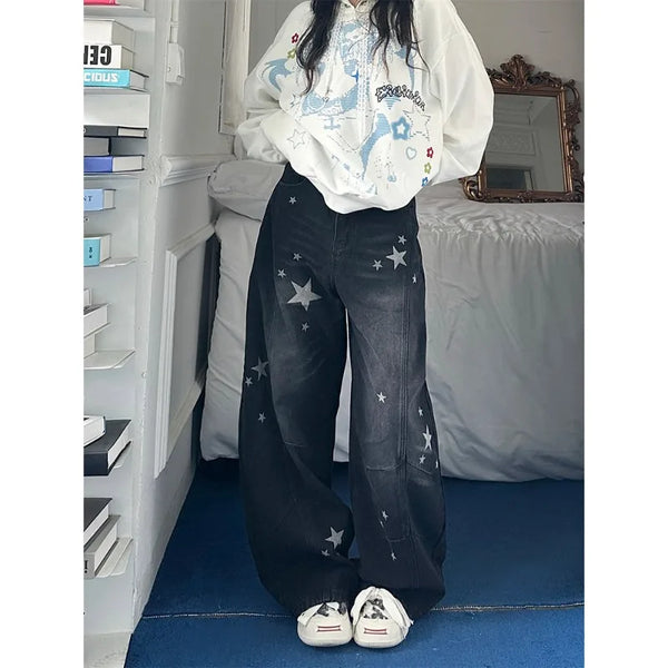 Women's Star Print Wide Leg Jeans Spring Autumn American Style Loose Baggy Tapered Trousers Casual Streetwear Denim Pants