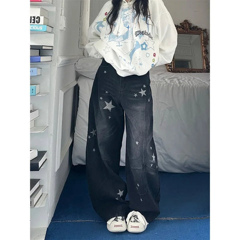 Women's Star Print Wide Leg Jeans Spring Autumn American Style Loose Baggy Tapered Trousers Casual Streetwear Denim Pants