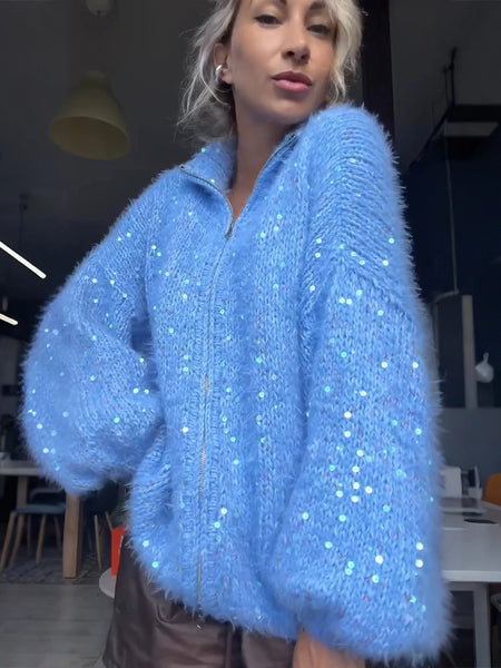 Women Sequined Fluffy Knit Cardigan Zip Up Stand Collar Loose Long Sleeve Sweater Jacket Autumn Party Casual Outerwear