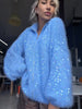 Women Sequined Fluffy Knit Cardigan Zip Up Stand Collar Loose Long Sleeve Sweater Jacket Autumn Party Casual Outerwear