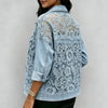 Women's See-Through Floral Lace Embroidered Patchwork Denim Long Sleeve Jacket Casual Streetwear Short Outerwear for Spring Fall