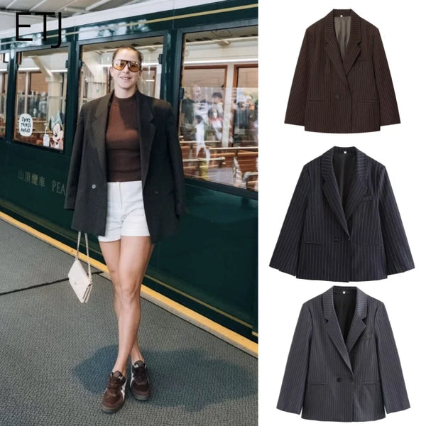 Fall/Winter Women's Street oversized pinstripe shoulder-padded loose suit jacket for women