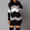 Women Elegant Patchwork Long Sleeve Warm Dress Autumn Winter Rib Knit Sweater Dress Casual Turtleneck Pullover Mini Dresses