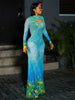 Sexy See Through Dress Women Hollow Hipster Colorful Print Stretch Skinny Midnight Party Clubwear Fishtail Bodycon