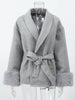 Elegant Lace Up Woolen Short Coat Solid Lapel Fur Cuffs Belt Long Sleeve Jacket Female Autumn Winter Lady Chic Cardigan