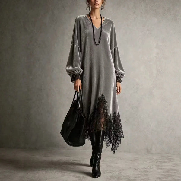 Elegant Women Velvet Dress Lace Splicing Lantern Long Sleeves V Neck Midi Dress Asymmetric Lace Hem Evening Party Dress