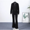 Zipper Plush Jacket Long Pants Lady Set Solid Color Lapel Jackets High Waist Slim Bell-Bottom Trousers Casual Women's Sets