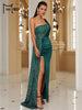 Wine Sequin Evening Dress Elegant Women One Shoulder Draped Split Wedding Party Prom Dresses Bridesmaid Wine Long Gown