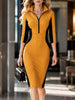 Womens Elegant Zipper Neck Button Work Office Knee Length Colorblock Business Casual Party Pencil Bodycon Sheath Dress