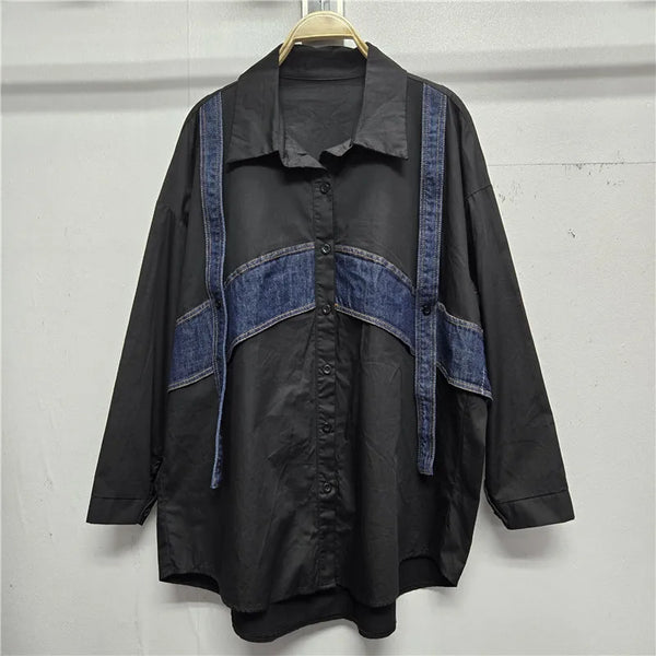 Denim Splicing Fake Two-piece Shirt Women's Jacket Autumn Loose and Thin Shirt Top