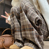 Women's High Waist Plaid Trousers Autumn Winter Korean Retro Straight Pants Loose Fit Drawstring Wide Leg Trouser Mujer