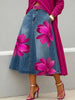 Streetwear Women's Red Floral Print Denim Midi Skirt High Waist A-Line Casual Swing Skirt Plus Size Flared Jean Skirt