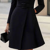 Autumn Winter Turtleneck Solid A-Line Dress Elegant Button High Waist Pocket Office Dress Woman Long Sleeve Casual Party Dresses