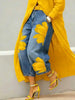 Women's Casual Floral Print Loose Jeans High Waist Cropped Wide Leg Denim Pants Chic Daily Street Plus Size Trousers