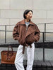 Women's Belt Short Suede Jackets Loose Lapel Long Sleeve Zipper Coats Spring Lady Vintage Female Outwear Street