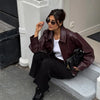 Retro Solid Lace Up Leather Short Jackets Women Chic Lapel V-neck Waist Cinching Cropped Jackets Lady Daily High Street Outwear