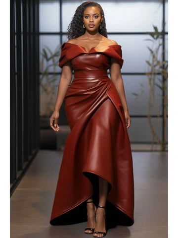 Elegant Off Shoulder Faux Leather Formal Dress Women Burgundy Pleated Wrap High Low Bodycon Plus Size Dress For Cocktail