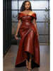 Elegant Off Shoulder Faux Leather Formal Dress Women Burgundy Pleated Wrap High Low Bodycon Plus Size Dress For Cocktail