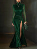 Elegant Party Evening Maxi Dress for Women's Split Hem Knot Ruched Mesh Velvet Splice Turtleneck Long Sleeve Cocktail Dress