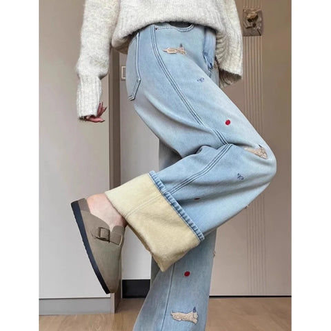Winter Y2k Pants For Women American Embroidered Flared Jeans Thick Fleece Lined High Waist Loose Fit Denim Trousers
