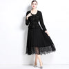Elegant Women U Collar Long Sleeve Pleated Midi Dress Runway Spring Tweed Patchwork Chiffon Lace Trims Belt Party Vestidos
