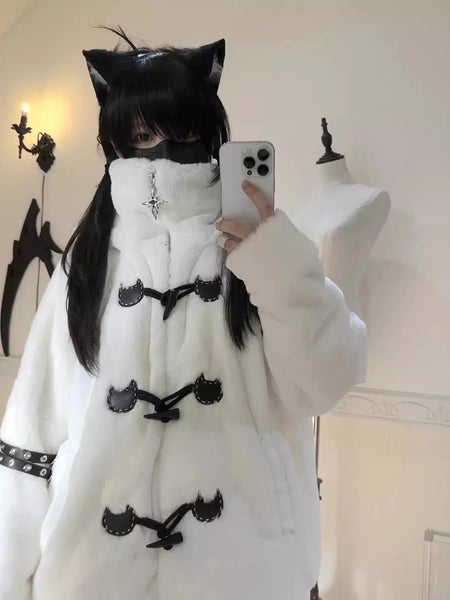 Autumn Winter Oversized Soft Thick Warm White Faux Fur Hoodie Women with Bear Ears Horn Buttons Punk Style Fluffy Jacket