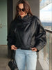 Solid Leather Moto Jacket For Women Winter Turtleneck Retro Coats Asymmetry Elegant Vintage PU Jackets