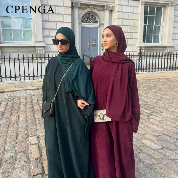 Arabic Women Corduroy Abaya Dress Ramadan Dubai Muslim Modest Cardigan Islamic Autumn Winter Warm Turkey Loose Solid Robe