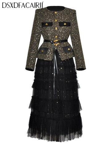 Women's Plaid Jacket And Mesh Ruffle Skirt Two Piece Set O-Neck Long Sleeve Sashes Elastic Waist Office Lady Outfit